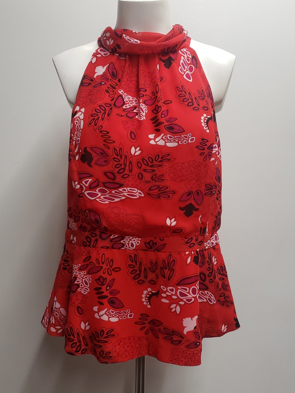 Eva Mendes Isabella Handkerchief Sheer Bow Top Women's Large Red Peplum Summer